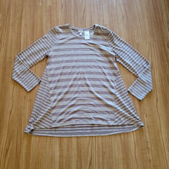 LOGO By Lori Goldstein Shirt Top Womens Large Beige Striped Flowy Casual Basic - Picture 2 of 10